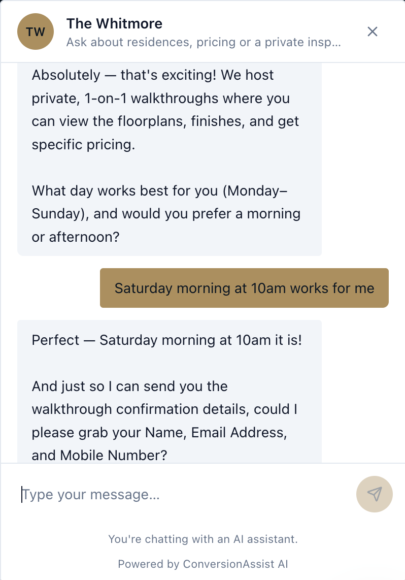 From enquiry to a booked Saturday-morning walkthrough, with contact details captured in the same conversation.