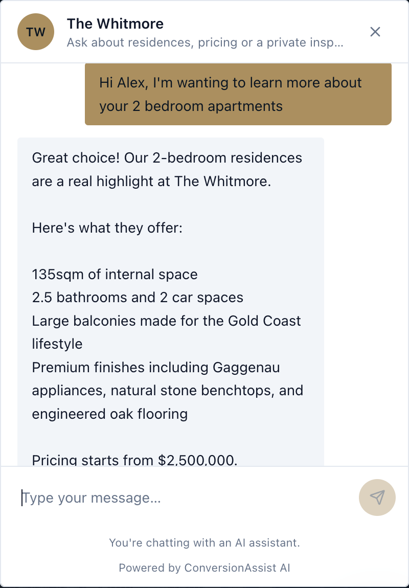 Buyers get specific answers: sizes, bathrooms, car spaces, finishes and pricing.