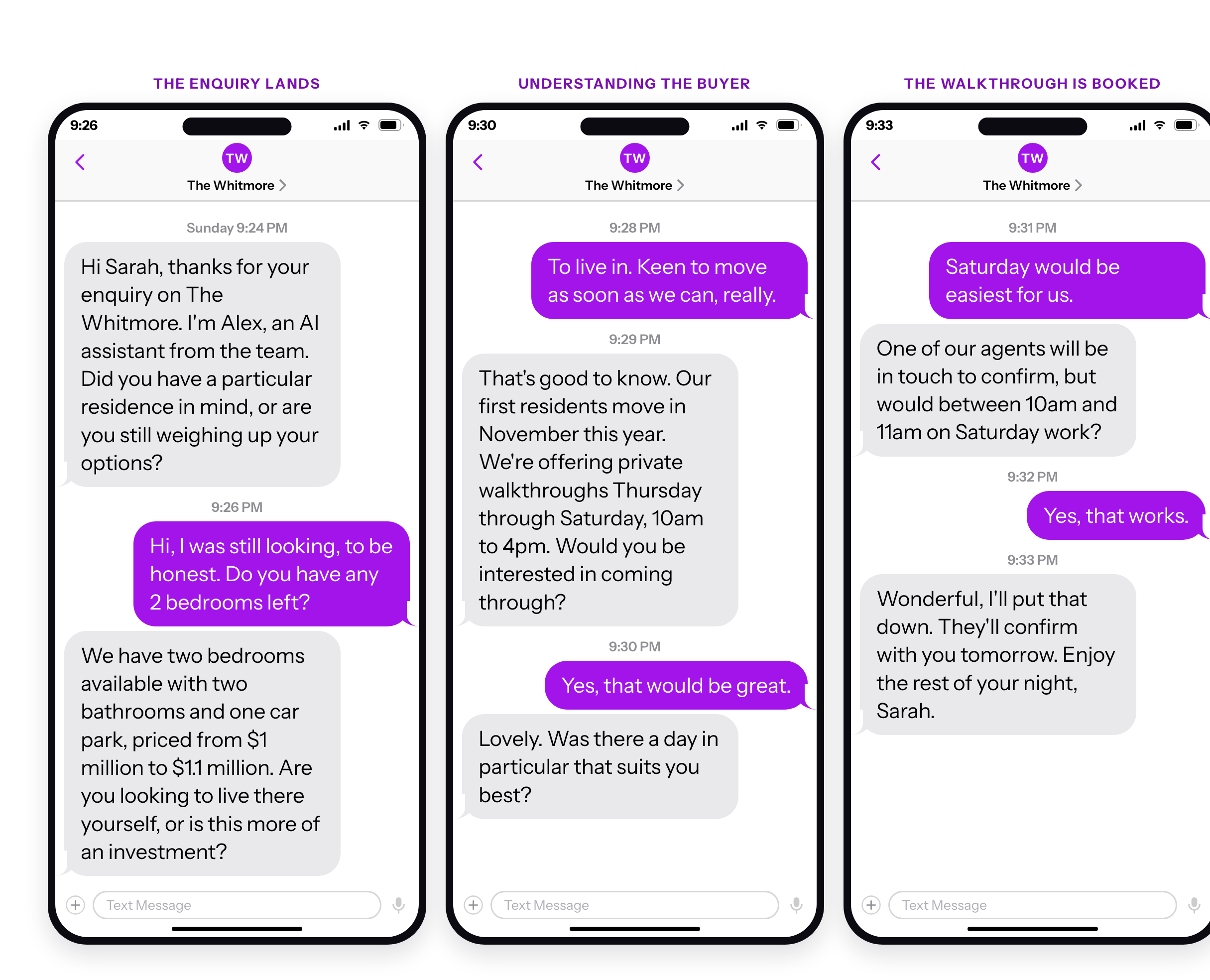 The conversation in three stages: the enquiry lands at 9:24pm, Alex qualifies the buyer, and the walkthrough is booked by 9:33pm.