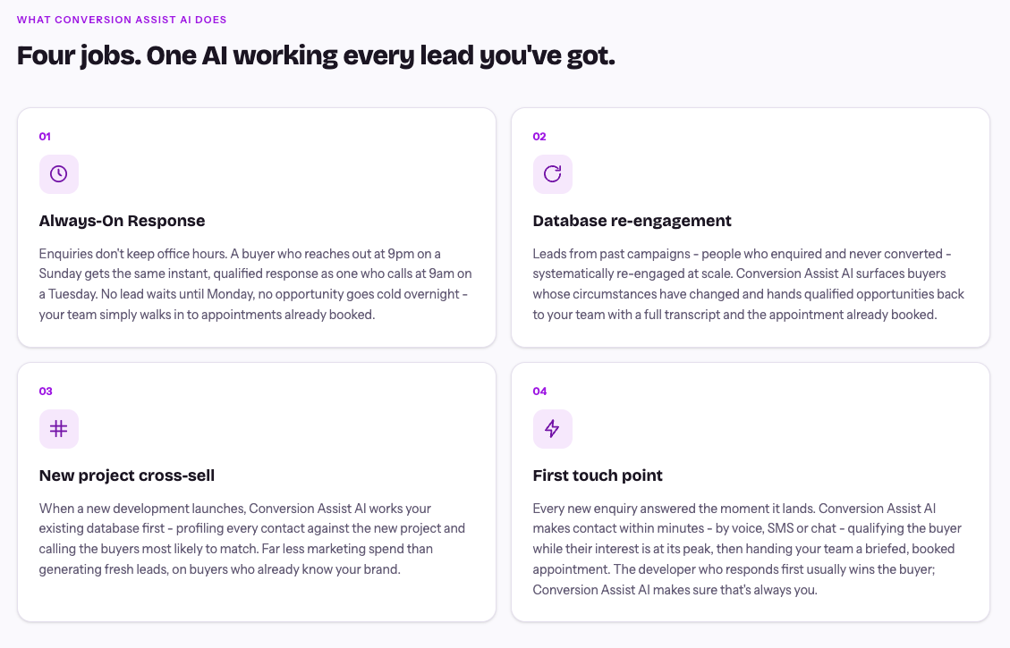 Four use case cards: Always-On Response, Database re-engagement, New project cross-sell, and First touch point.