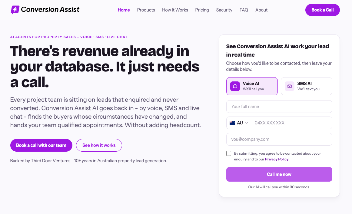 The Conversion Assist AI homepage, with the headline 'There's revenue already in your database. It just needs a call.' and a live demo form offering a Voice AI or SMS AI callback.