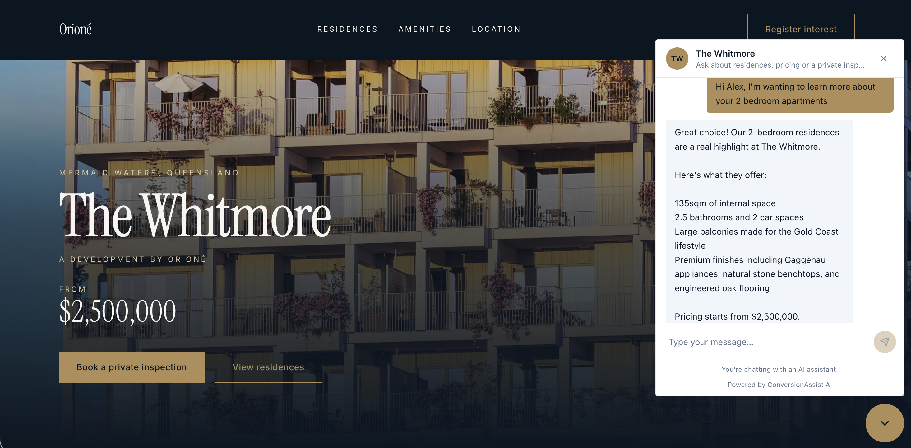 Live Chat AI on a demo project site, answering a buyer's question about the two-bedroom residences.